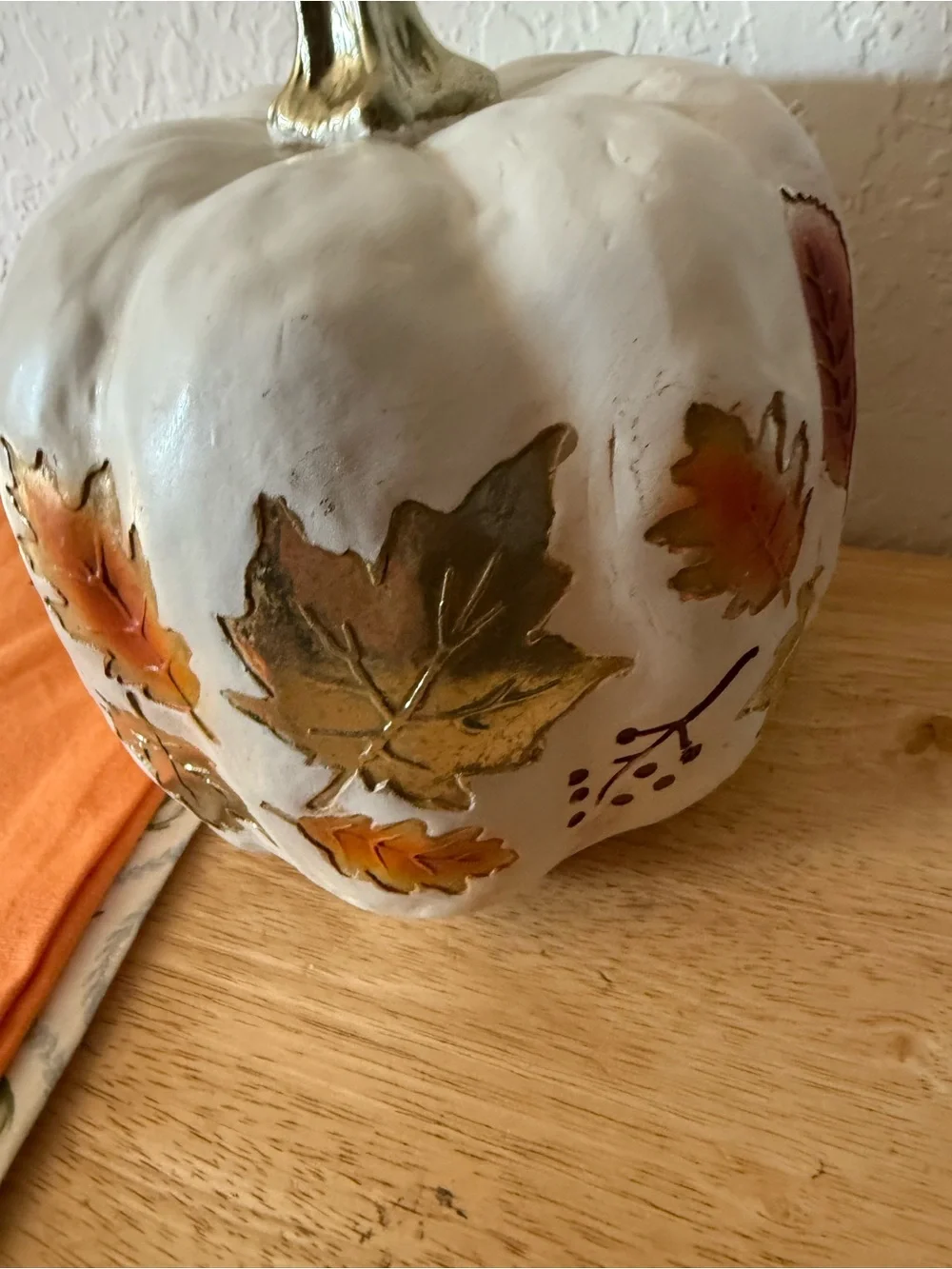 White  Pumpkin with Gold Leaf Accents - Seasonal Home Dining Decor